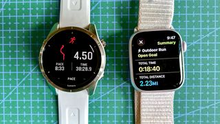 A Garmin Epix Pro and an Apple Watch 9 side-by-side displaying run summary