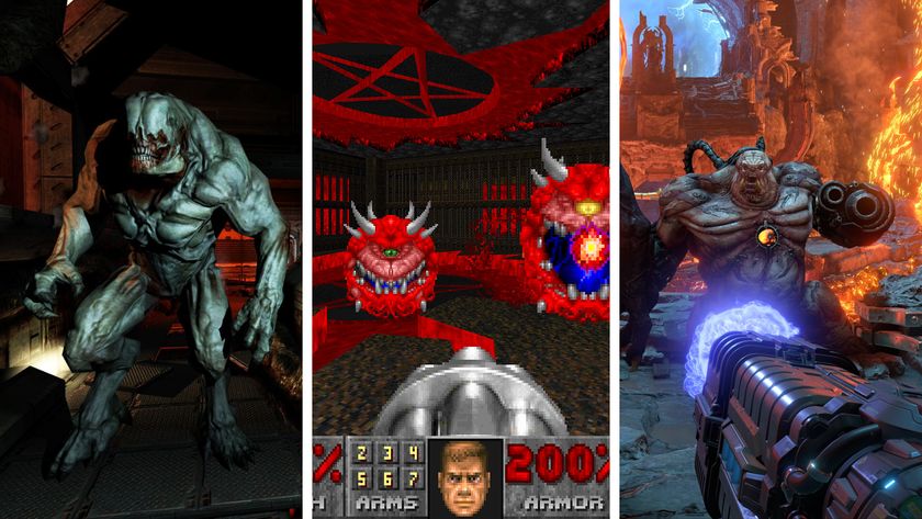 Screenshots from three Doom games: Doom 3, Doom, and Doom Eternal.
