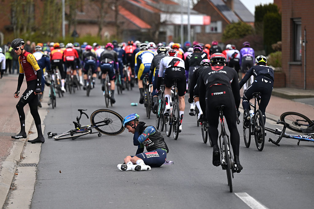 BRUGES, BELGIUM - MARCH 25: Fabio Van den Bossche of Belgium and Team Soudal Quick-Step after being involved in a crash during the 50th Ronde Van Brugge - Tour of Bruges 2026 - Men&amp;amp;apos;s Elite a 202.9km one day race from Bruges to Bruges / #UCIWT / on March 25, 2026 in Bruges, Belgium. (Photo by Luc Claessen/Getty Images)