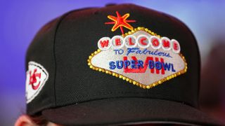 A detail view of a hat with the Super Bowl logo during Super Bowl LVIII Opening Night at Allegiant Stadium in Las Vegas, Nevada. 