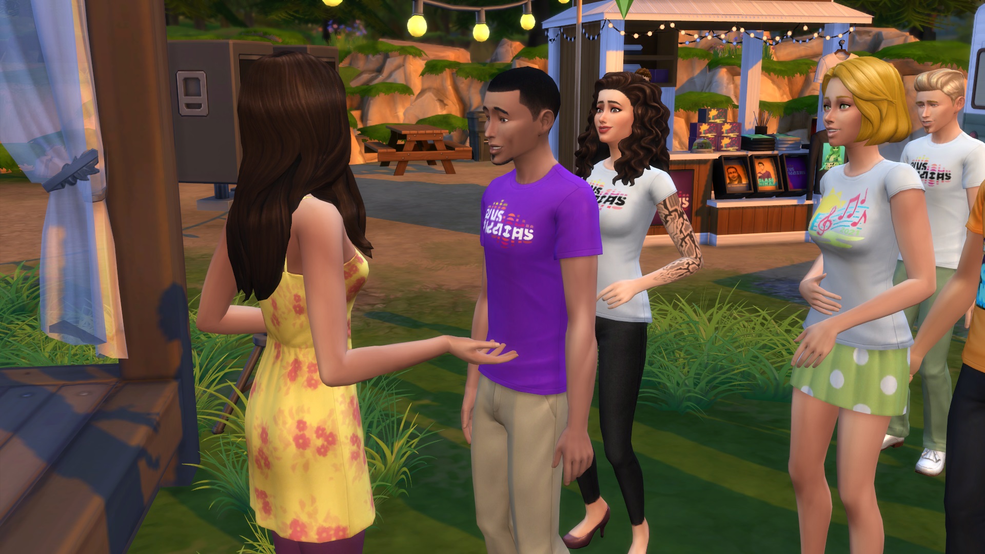 Female sim with long brown hair and yellow dress talking to male sim with purple t-shirt. Another female Sim, with curly brown hair and wearing a tshirt and jeans is trying to talk to the first female but the man stands between them.