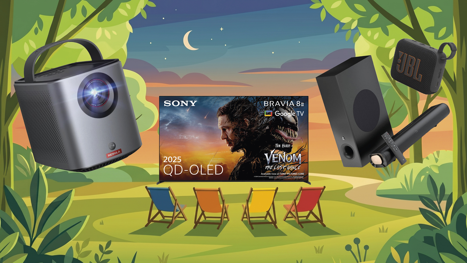 A background illustration of deck chairs on a field, with the Sony Bravia 8 II, Creative Stage Pro, JBL Go 4 and Anker Nebula Mars Air 3 overlaid