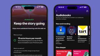 A screen shot of Spotify's new Audiobooks+ tier and the audiobook in-app hub 