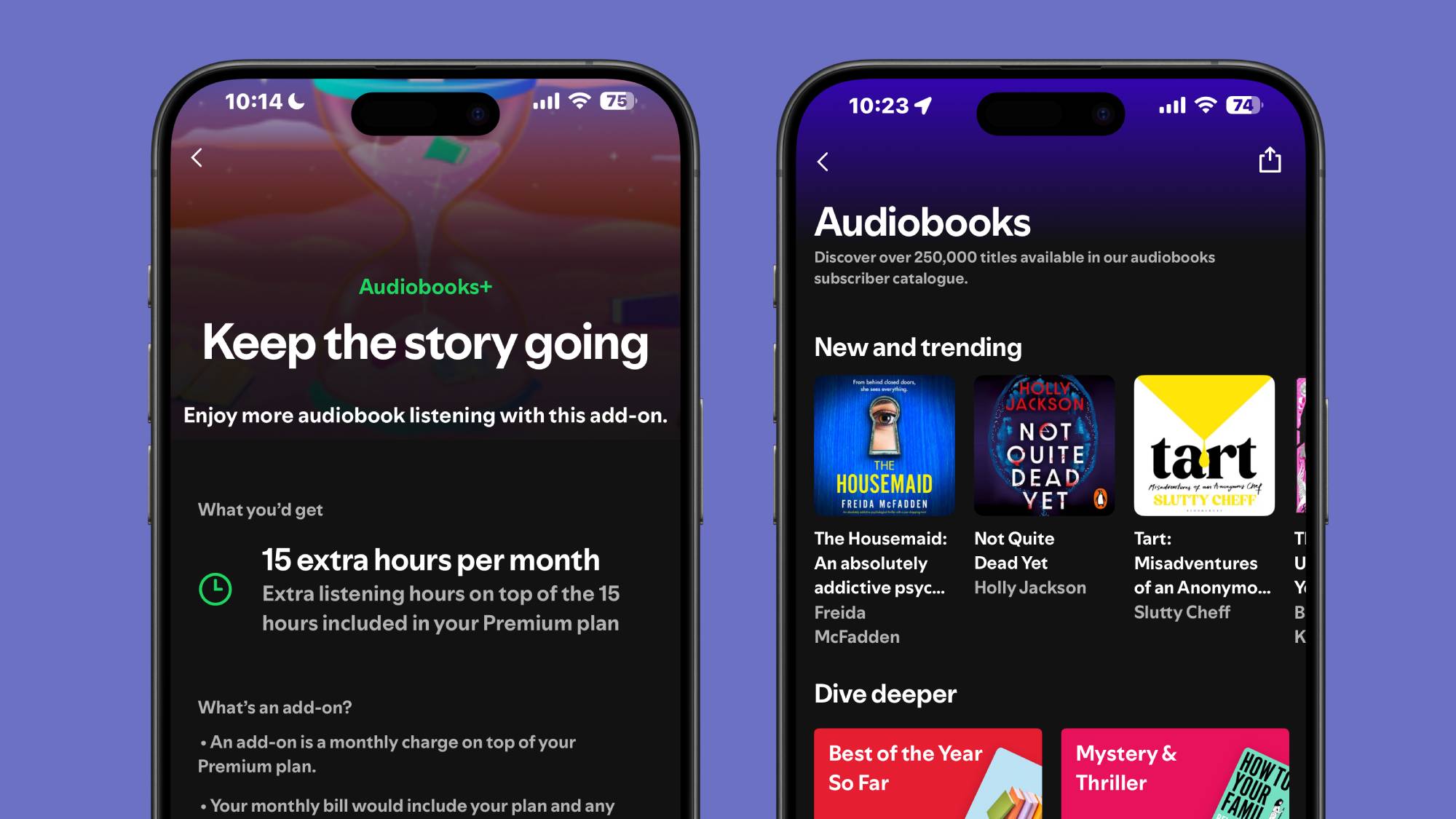 A screen shot of Spotify&#039;s new Audiobooks+ tier and the audiobook in-app hub 