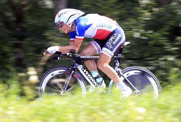 Sylvain Chavanel (Omega Pharma-QuickStep) kitted out in his French time trial champion's skinsuit.