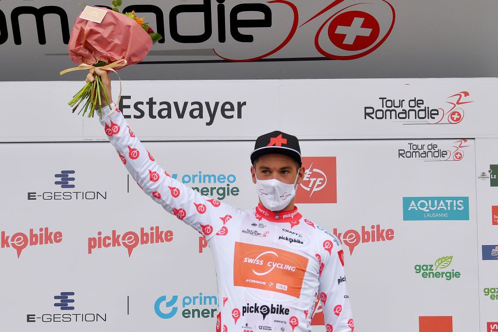 ESTAVAYER SWITZERLAND APRIL 30 Joel Suter of Switzerland and Team Switzerland Polka Dot Mountain Jersey during the 74th Tour De Romandie 2021 Stage 3 a 1687km stage from Estavayer to Estavayer Flowers Mask Covid Safety Measures TDR2021 TDRnonstop UCIworldtour on April 30 2021 in Estavayer Switzerland Photo by Luc ClaessenGetty Images