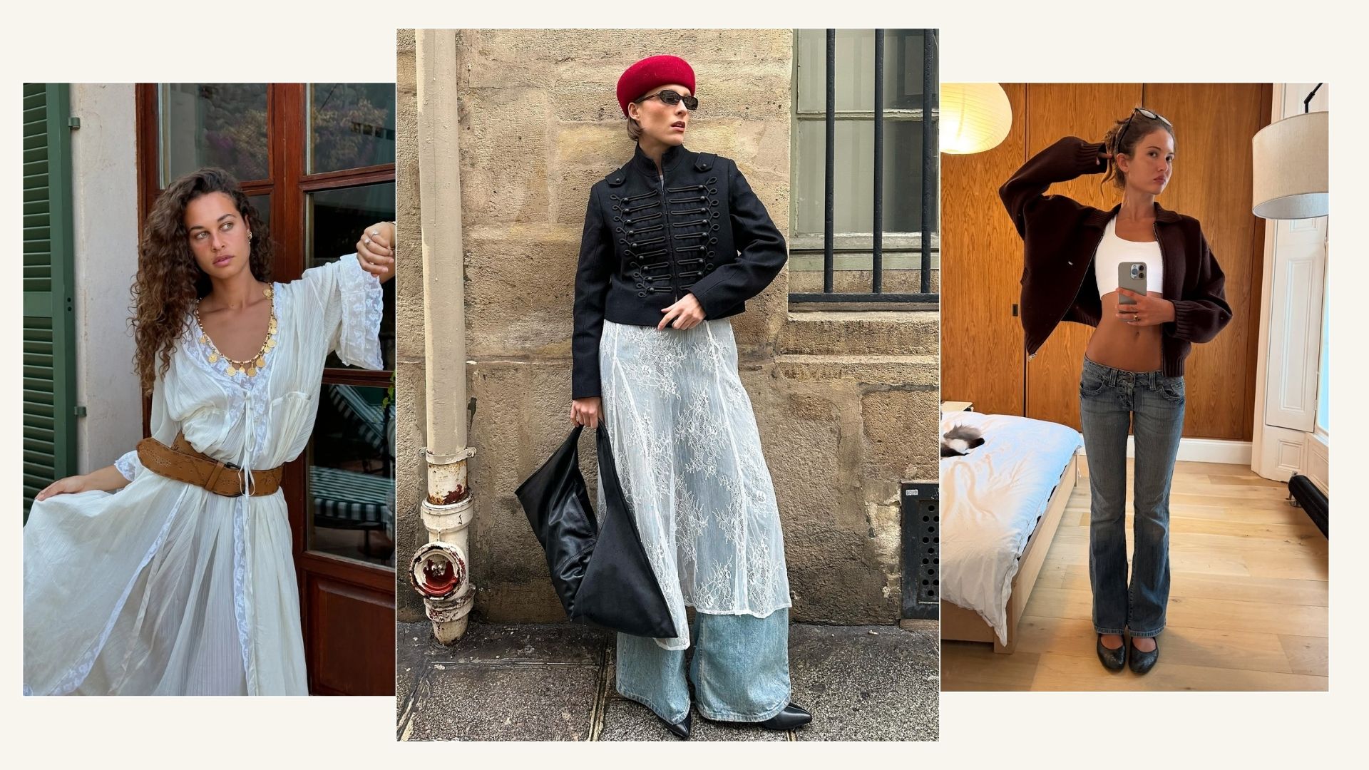 Girls posing for photos: Sarah Lysander wearing bohemian dress and belt, Lara Bu&szlig;mann wearing a Napoleon jacket, lace skirt and jeans, Ruby Lynn wearing bootleg jeans and a white vest, posing in mirror selfie.