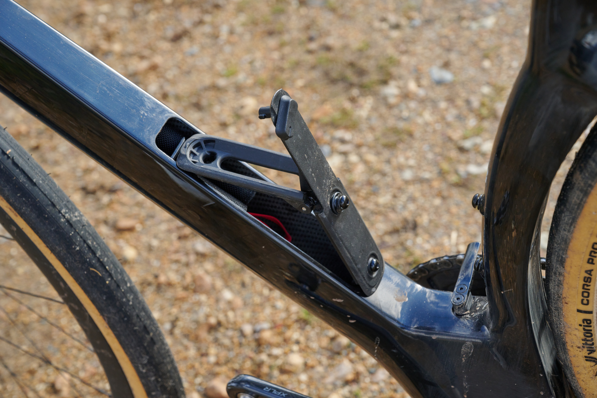 Downtube storage on a Cervelo Aspero-5 gravel bike