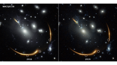 Two Hubble images show the galaxy cluster MACS J0138. In the 2016 image, light from the ancient Supernova Requiem appears in three different spots simultaneously on the edge of the cluster (circled in white). In the 2019 image, they are gone.