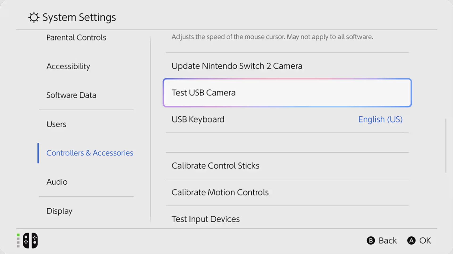 Switch 2 settings menu with Test USB Camera selected.