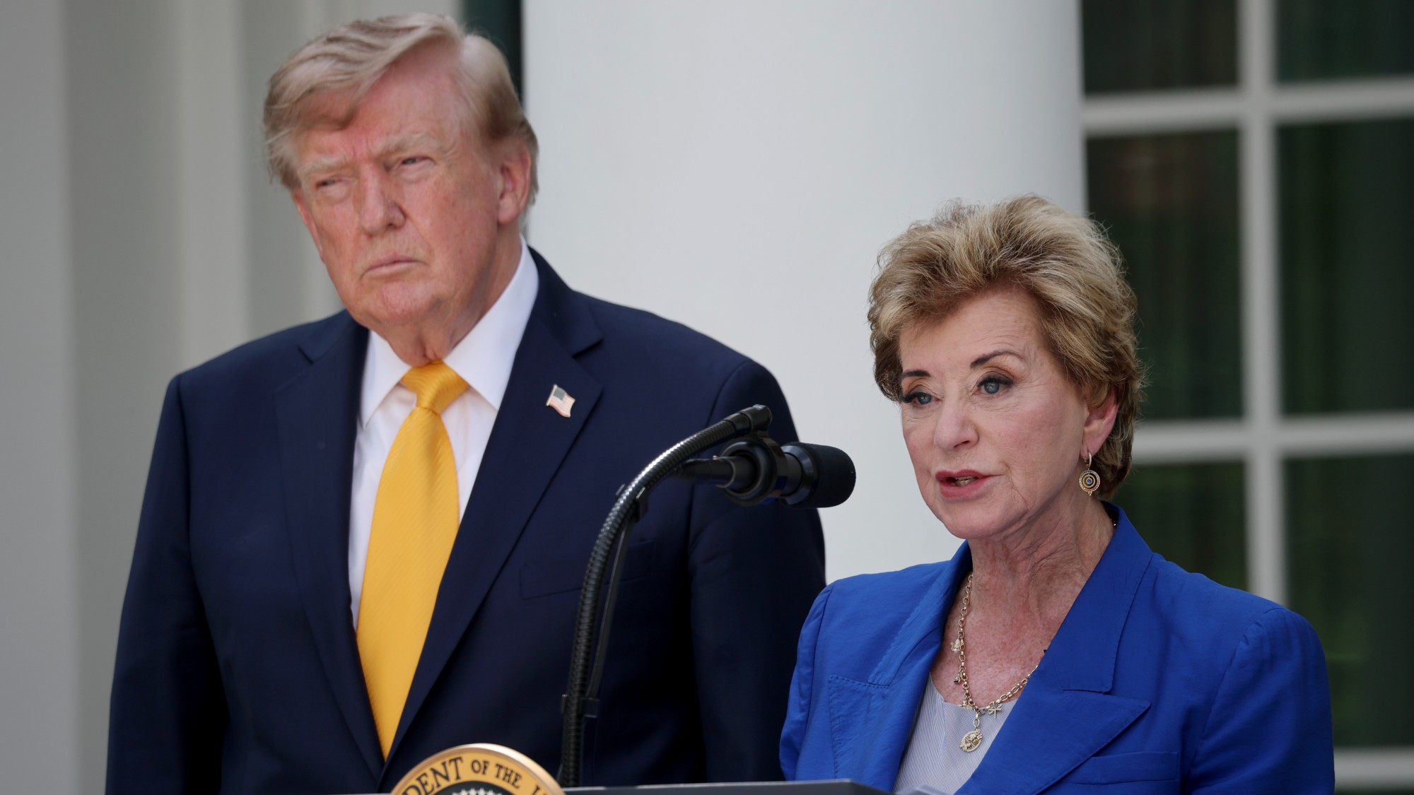 President Donald Trump and Secretary of Education Linda McMahon during an event in the Rose Garden of the White House