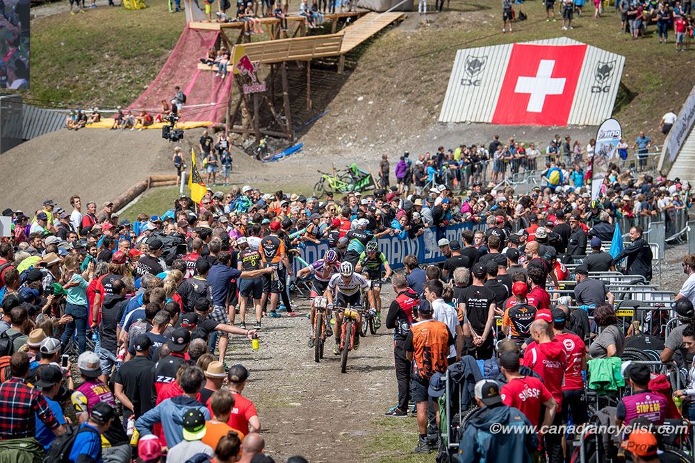 Nino Schurter (Scott-Sram MTB Racing Team) leading Mathieu Van Der Poel and Maxime Marotte (Cannondale Factory Racing XC)
