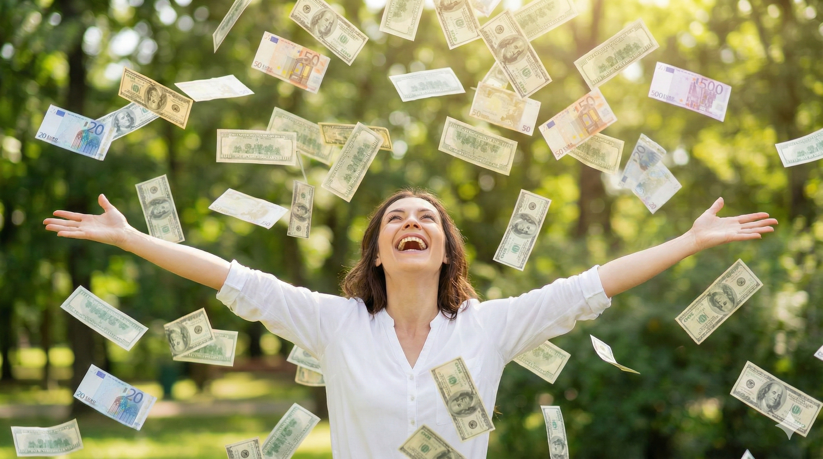 Women simailing with wide arms and money floating around her