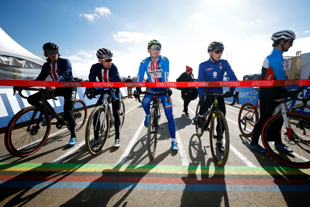 FAYETTEVILLE GEORGIA JANUARY 28 LR Gage Hecht of The United States Eric Brunner of The United States Matyas Fiala of Czech Republic rider of Italy and Tyler Orschel and Canada during the 73rd UCI CycloCross World Championships Fayetteville 2022 Team Relay Fayetteville2022 on January 28 2022 in Fayetteville Georgia Photo by Chris GraythenGetty Images