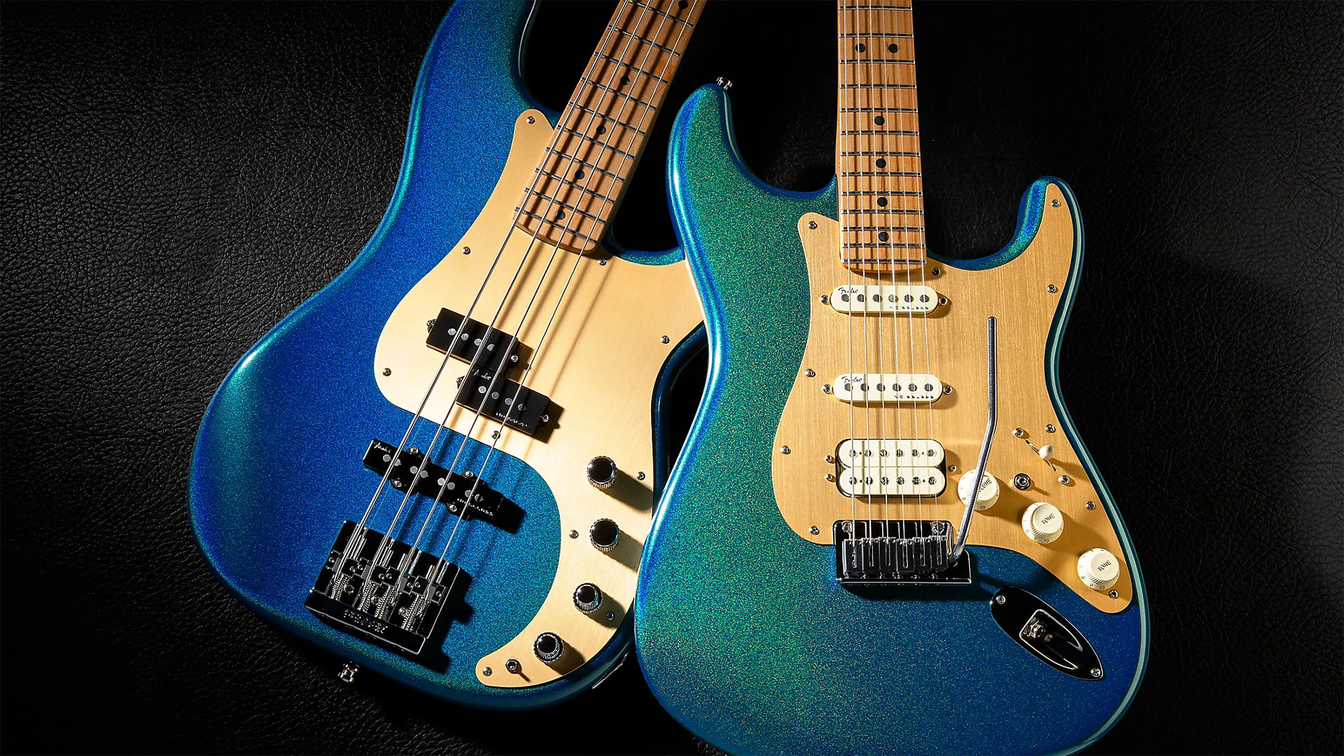Fender Ultra II Precision Bass and Stratocaster in Aurora finish