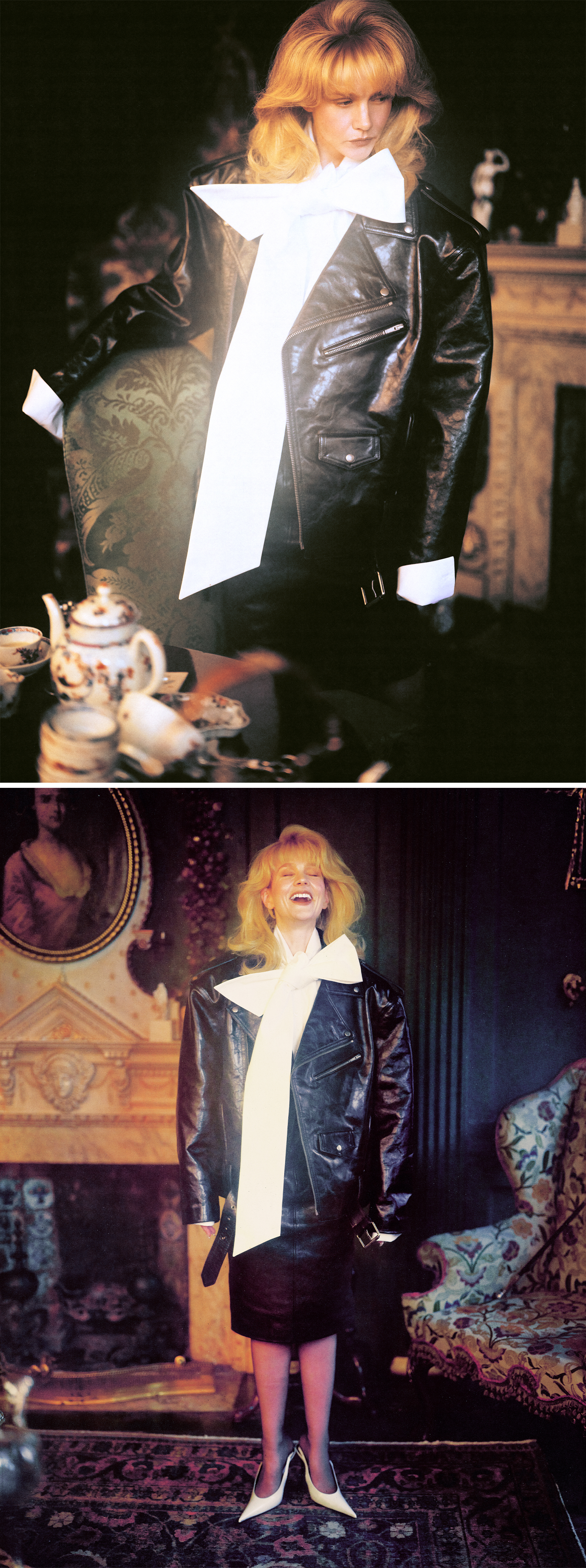 Carey Mulligan for Who What Wear's April cover story wearing a leather oversized jacket on top of a midi leather skirt with pink tights and white heels.