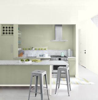 A kitchen with walls painted in a light green-beige color