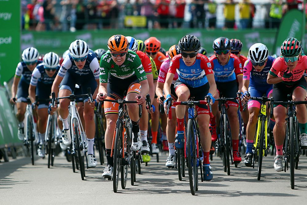 Jolien D'hoore (Boels-Dolmans) racing in the leader's jersey during stage 2 at OVO Energy Women's Tour