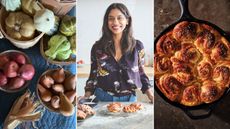Composite image of three shots showing farmstand fruit and vegetables on the left, Sam Seneviratne in the middle and an overhead shot of a skillet pan bake shot from overhead on the right