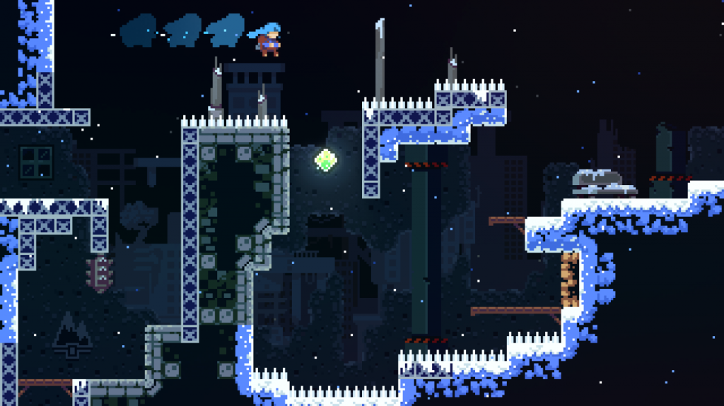 A screenshot from celeste, showing player character Madeline dashing over a field of spikes