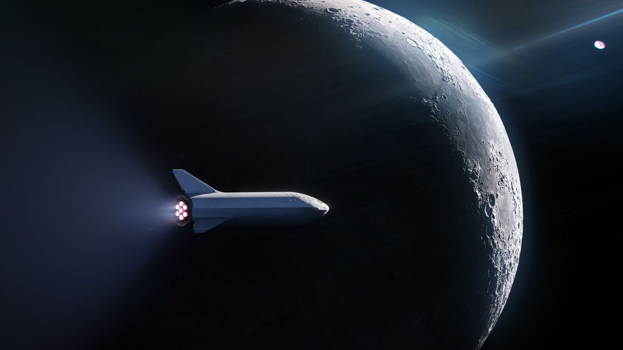 Artist's illustration of SpaceX's BFR spaceship cruising around the moon.