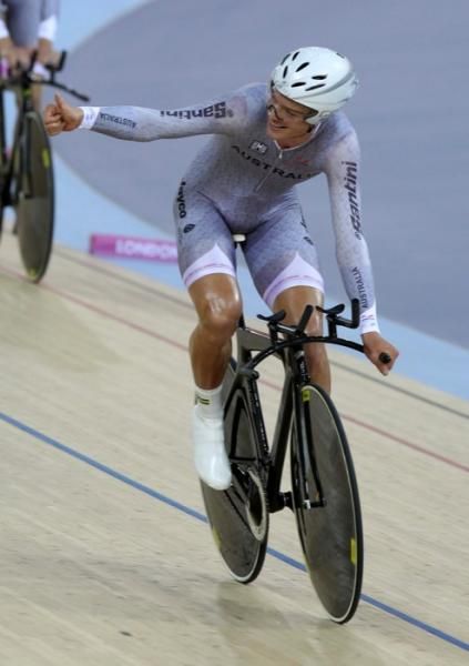 Bobridge celebrates beating the Poms in the team pursuit