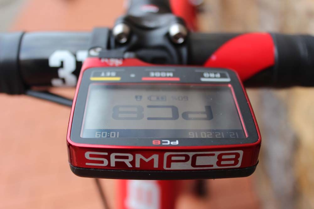 The bright red SRM PC8 power metre