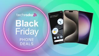 black friday phone deals banner with iphone 15 pro, Pixel 7 pro and S23 ultra