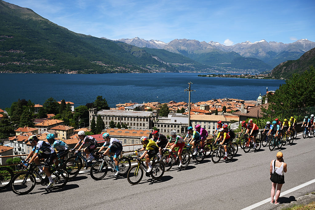 A general view of Wout Van Aert of Belgium, Yannis Voisard, Nicola Conci, Mads Pedersen compete in the breakaway on stage 18 at the Giro d&#039;Italia 2025