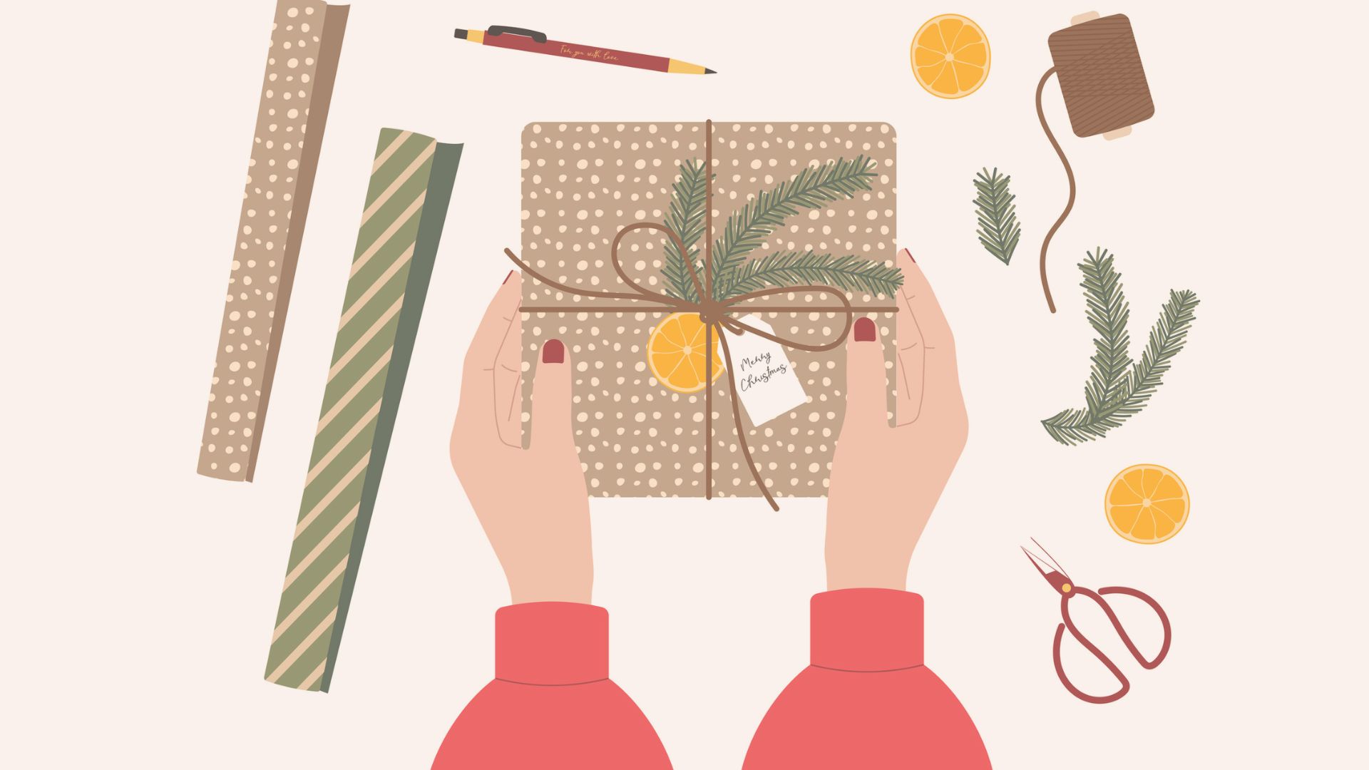 Hands wrapping Christmas gifts