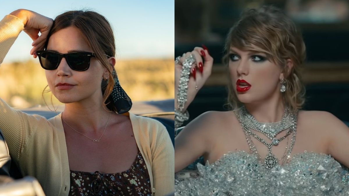 From left to right: A press image of Jenna Coleman in Wilderness and a screenshot of Taylor Swift in a bathtub of diamonds in the Look What You Made Me Do music video.