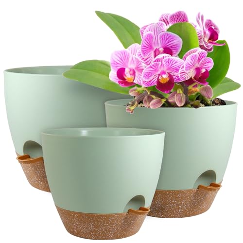 Wsmksz Big Self Watering Pots 12/10/9 Inch, Planter, Plant Pots With Mesh Drainage Holes for Indoor Outdoor Garden Plants, Plastic Flower Pots With Removable Deep Reservoir, Green With Brown