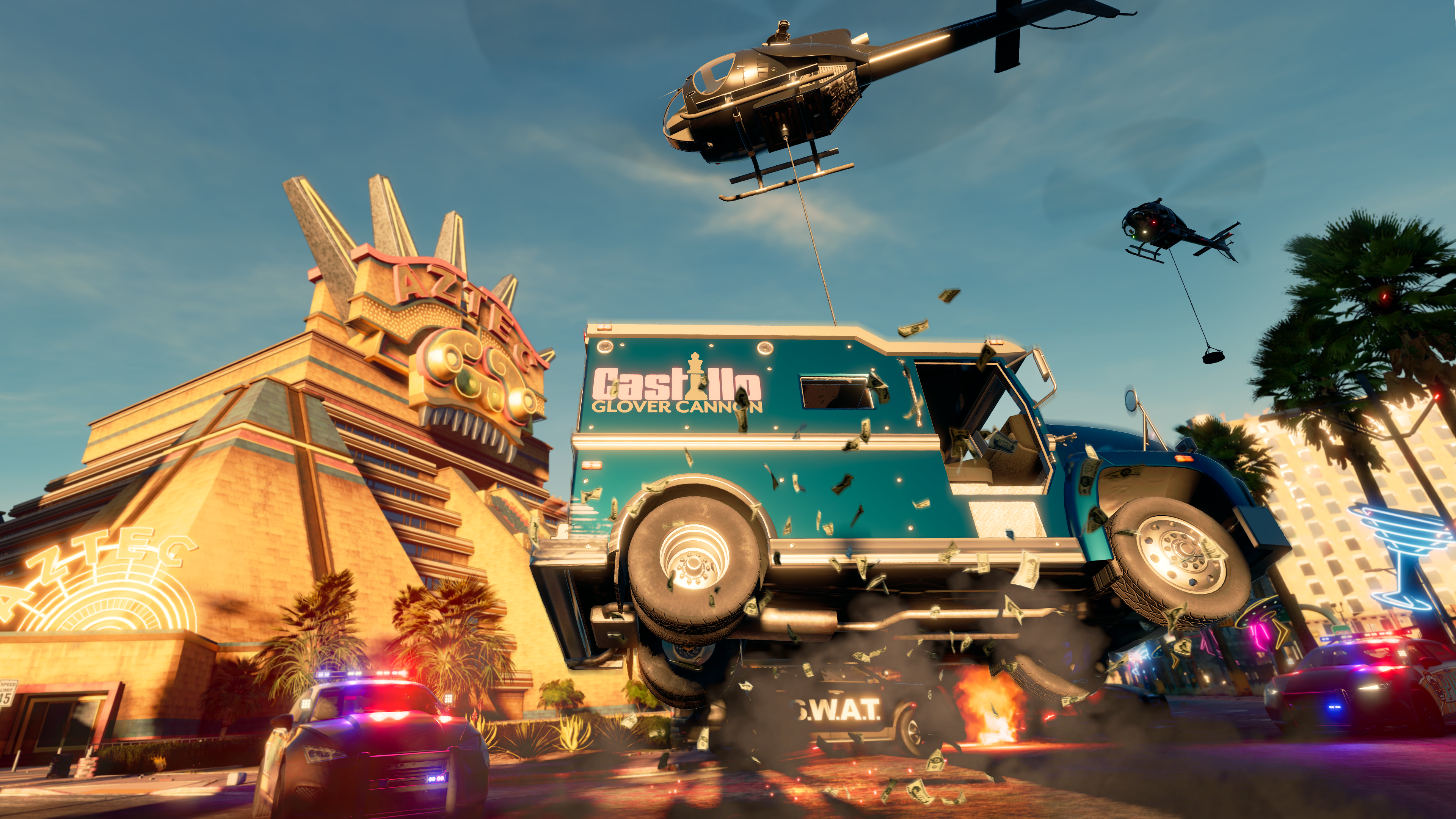 Saints Row reboot screenshot showing a chaotic scene of a truck pursued by police and SWAT vehicles