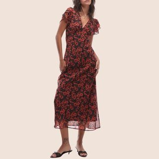 flat lay image of red floral dress