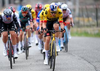 FOLIGNO, ITALY - MARCH 08: Wout Van Aert of Belgium and Team Jumbo â€“ Visma competes during the 58th Tirreno-Adriatico 2023, Stage 3 a 216km stage from Follonica to Foligno 231m / #UCIWT / #TirrenoAdriatico / on March 08, 2023 in Foligno, Italy. (Photo by Tim de Waele/Getty Images)