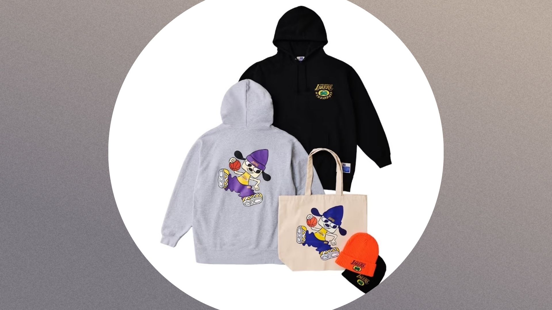 The WIND AND SEA x NBA x PaRappa The Rapper collab showing off two beanies, a tote bag and two hoodies in black and grey