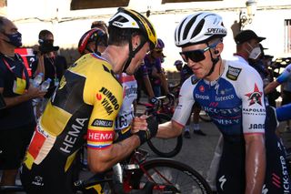 LAGUARDIA SPAIN AUGUST 23 Stage winner Primoz Roglic of Slovenia and Team Jumbo Visma and Remco Evenepoel of Belgium and Team QuickStep Alpha Vinyl react after the 77th Tour of Spain 2022 Stage 4 a 1524km stage from VitoriaGasteiz to Laguardia 627m LaVuelta22 WorldTour on August 23 2022 in Laguardia Spain Photo by Justin SetterfieldGetty Images