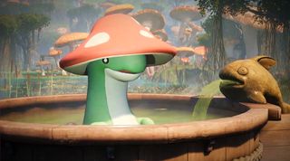 Palworld screenshot showing a green dinosaur-like creature with a red mushroom cap atop its head sitting in a wooden hot tub