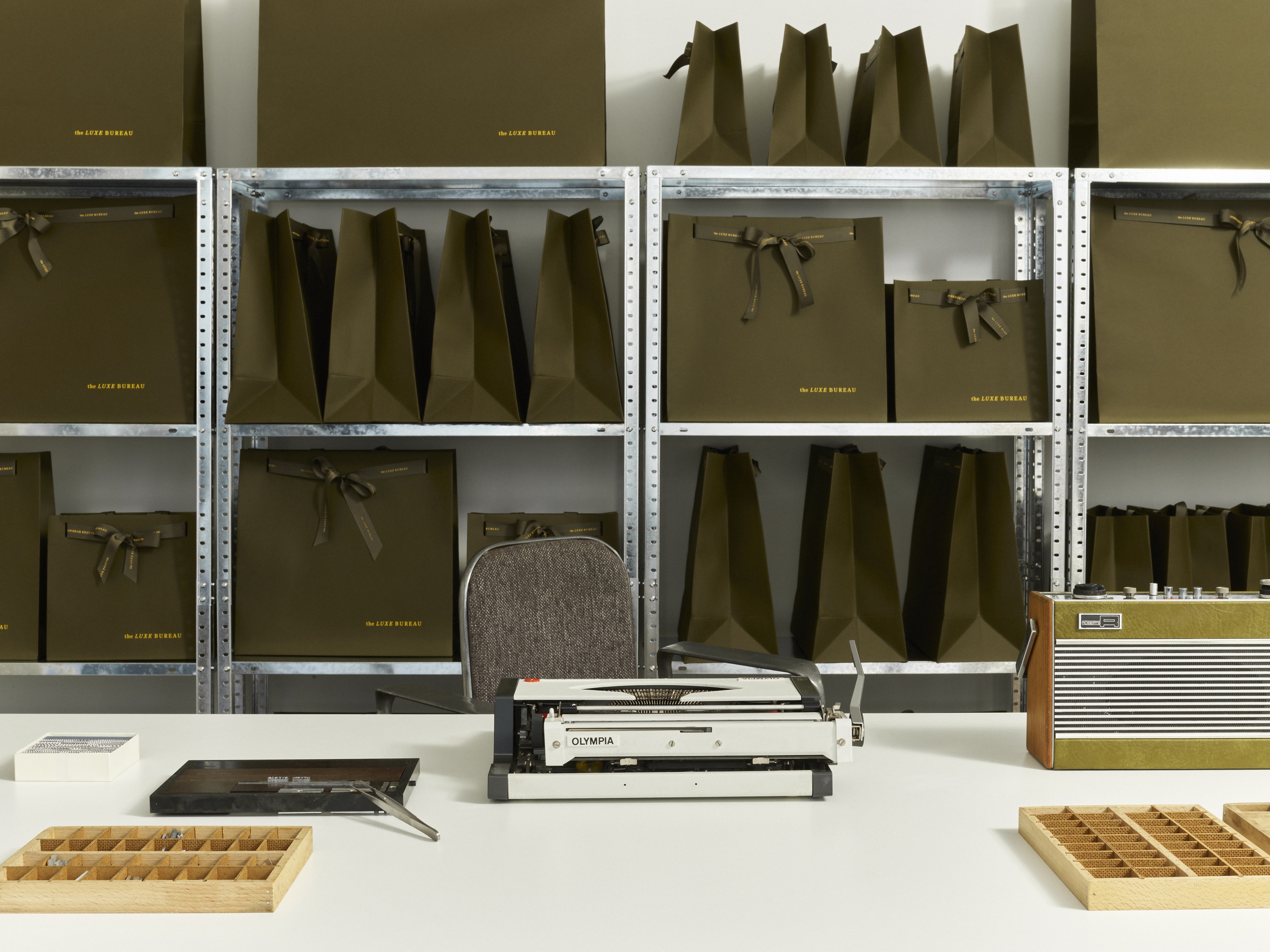 beautifully wrapped bags on a shelf in an office
