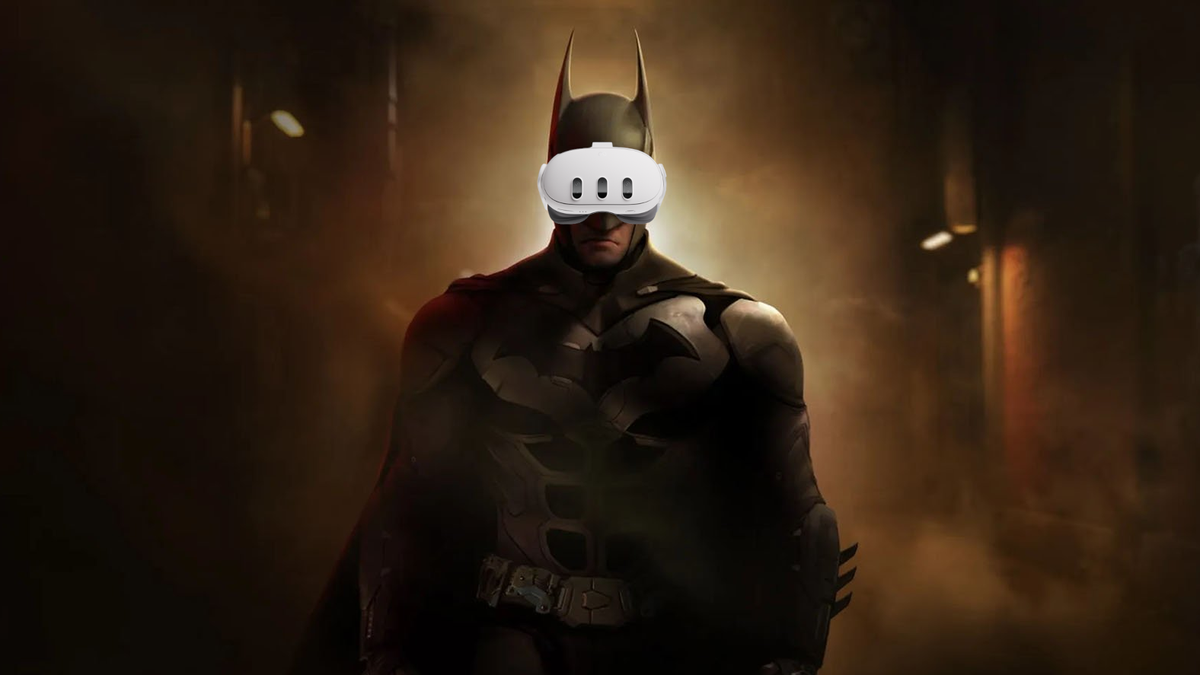 Batman wearing Meta Quest 3 vr headset