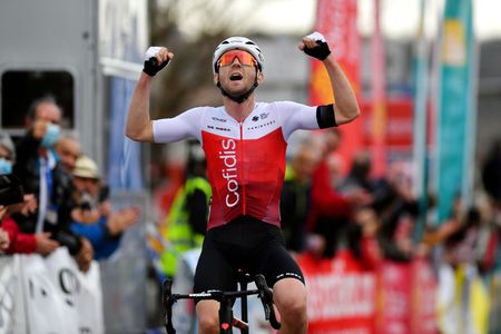 BESSGES FRANCE FEBRUARY 04 Benjamin Thomas of France and Team Cofidis celebrates winning during the 52nd toile De Bessges Tour Du Gard 2022 Stage 3 a 155km stage from Bessges to Bessges EtoiledeBesseges EDB2022 on February 04 2022 in Bessges France Photo by Luc ClaessenGetty Images