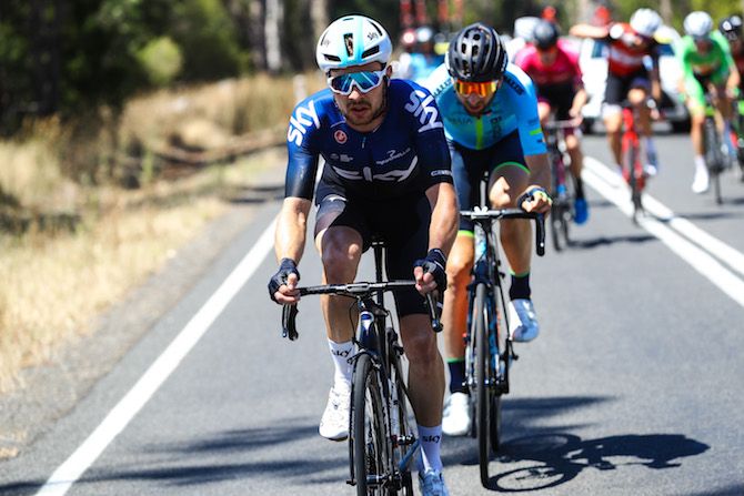 Team Sky's Owain Diull leads the breakaway on stage 4