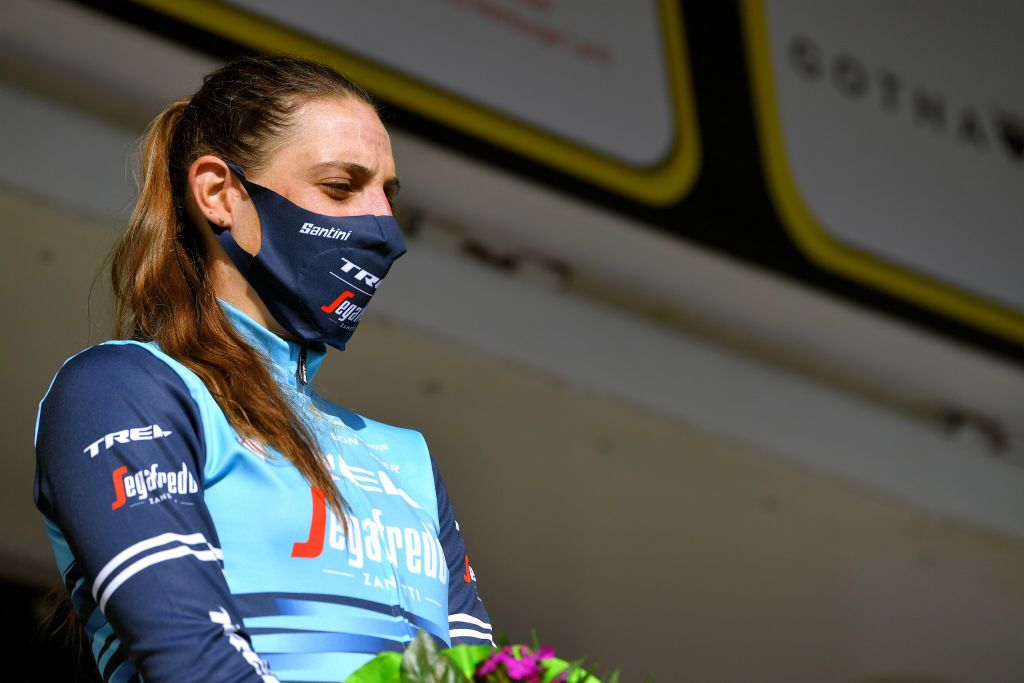 SCHLEIZ GERMANY MAY 27 Lucinda Brand of Netherlands and Trek Segafredo celebrates at podium during the 34th Internationale LOTTO Thringen Ladies Tour 2021 Stage 3 a 1165km stage from Schleiz to Schleiz ltlt2021 lottothueringenladiestour womencycling on May 27 2021 in Schleiz Germany Photo by Luc ClaessenGetty Images