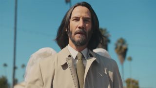 Keanu Reeves with his small wings still intact out in LA in Good Fortune (2025).