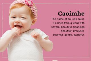 Unique baby names illustrated with an image of a red-haired smiling baby girl with the meaning of the name by it