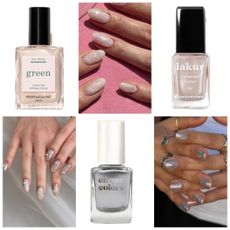 A six-image collage of oyster and pearl nails with three iridescent oyster nail polishes