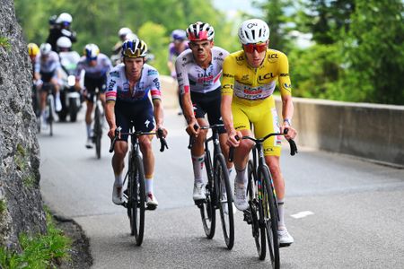 PLATEAU DE SOLAISON, FRANCE - JULY 19: (L-R) Remco Evenepoel of Belgium and Team Red Bull - BORA - hansgrohe, Isaac Del Toro of Mexico and Tadej Pogacar of Slovenia and UAE Team Emirates - XRG - Yellow Leader Jersey compete in the breakaway during the 113th Tour de France 2026, Stage 15 a 183.9km a 155.3km stage from Champagnole to Plateau de Solaison 1501m / #UCIWT / on July 19, 2026 in Plateau de Solaison, France. (Photo by Tim de Waele/Getty Images)