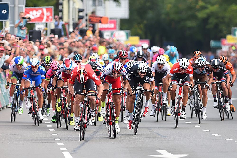 The sprinters dash for the finish line of stage 2 at the Eneco Tour