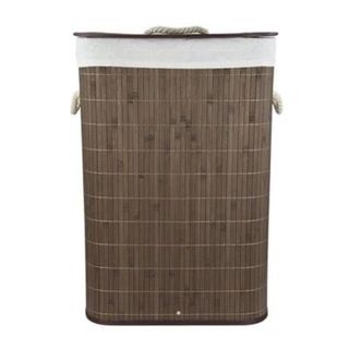 A dark bamboo rectangular laundry hamper