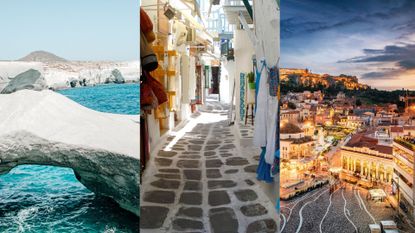 Composite image of the best places to visit in greece - milos, mykonos and athens